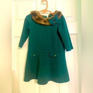 Long sleeve toddler green dress with faux fur collar. Size 4t.